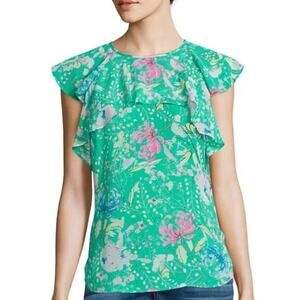 I‎ Heart Ronson Flutter-Sleeve Top Green Peony Spring Blouse -S EUC